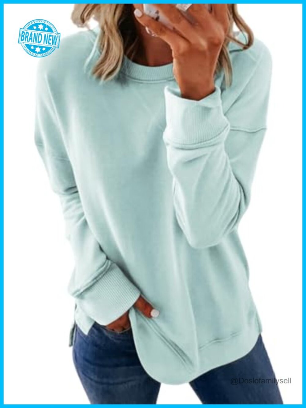 Women's Crewneck Sweatshirt Loose Long Sleeve Pullover Top Side Splits